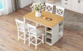 TOPMAX 60"Lx30"W Solid Wood Farmhouse Counter Height Dining Table Set with 3-Tier Storage Shelves, Upholstered Dining Chairs for 4, 5-Piece, White