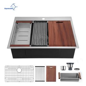 Aqucubic Gunmetal black handmade 16 Gauge 304 Stainless Steel Top Mount Single Bowl Kitchen Sink with ledge (Thickness: 16 Gauge, size: 33*22 inch R10)