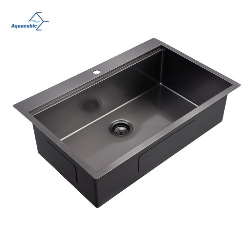 Aqucubic Gunmetal black handmade 16 Gauge 304 Stainless Steel Top Mount Single Bowl Kitchen Sink with ledge
